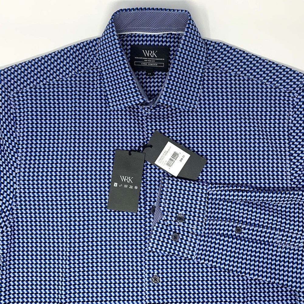 WRK‎ Navy Geometric Print Stretch Long Sleeve Button Up Men's Shirt Size Small